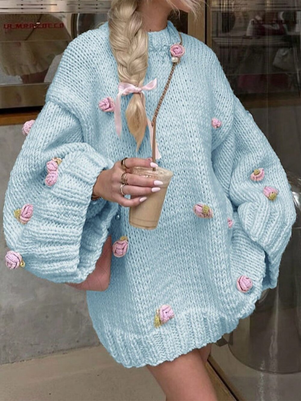 Baby Blue Women's Casual Cute Knitted Embroidered 3D Floral Sweater - Picture 5 of 10